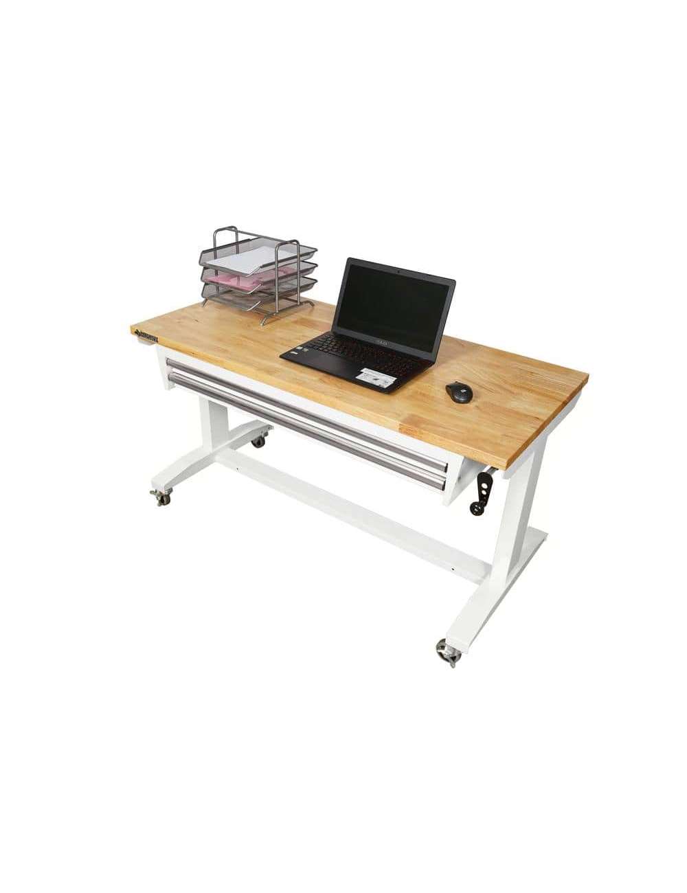 52 in. W x 24 in. D Steel 2-Drawer Adjustable Height Solid Wood Top Workbench Table in White