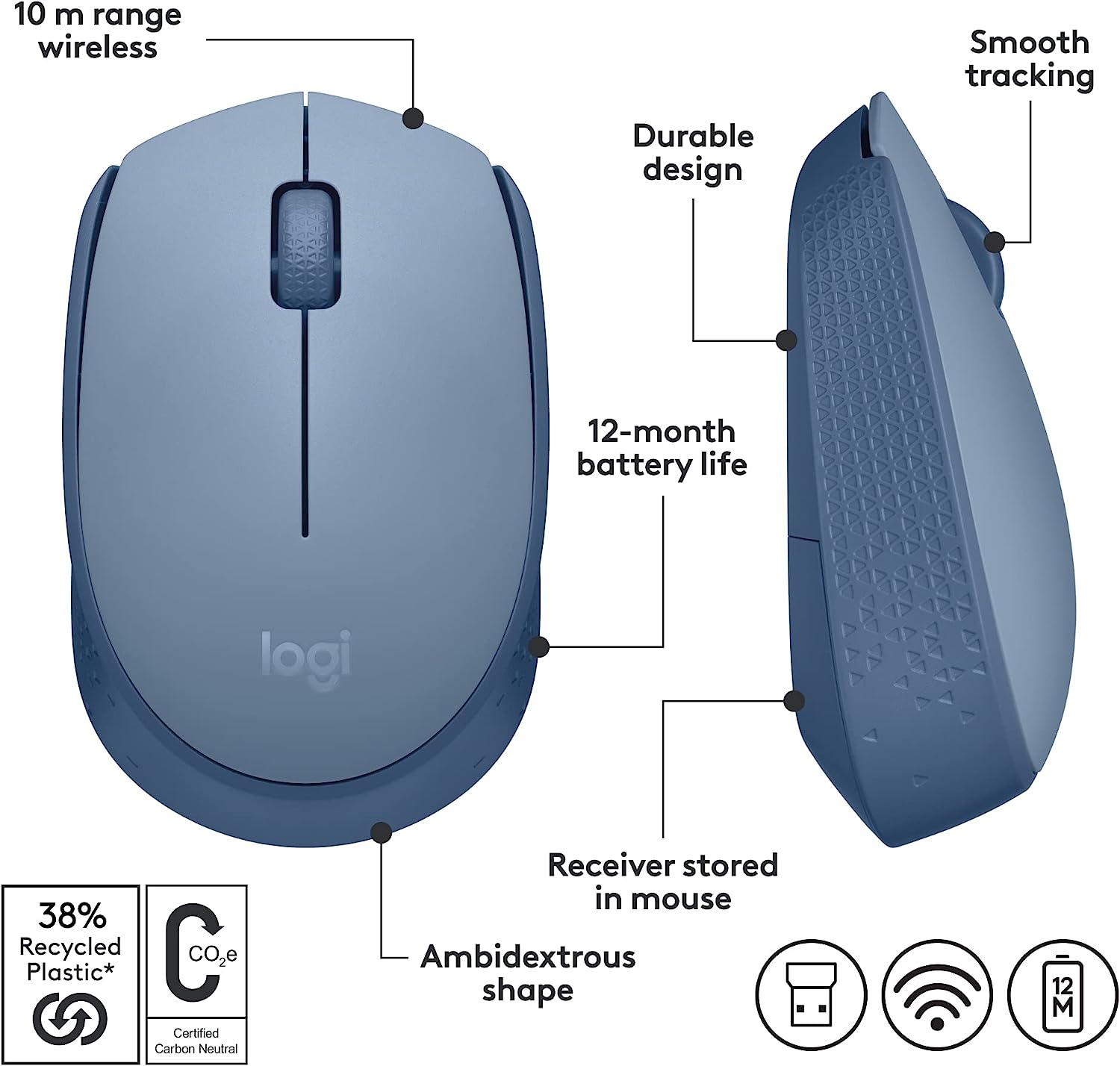 Logitech M170 Wireless Mouse for PC, Mac, Laptop, 2.4 GHz with USB Mini Receiver, Optical Tracking, 12-Months Battery Life, Ambidextrous - Blue Grey