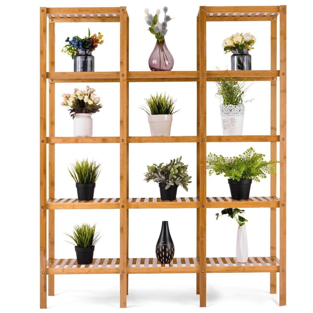 5 Tier Multifunctional Bamboo Shelf Rock Plant Display Stand (12 Pots)