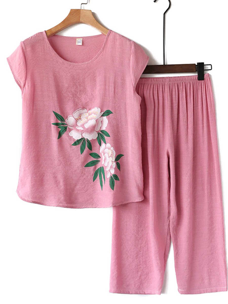 Cotton Linen Short Sleeved Thin Grandma Pajama Two-piece Set