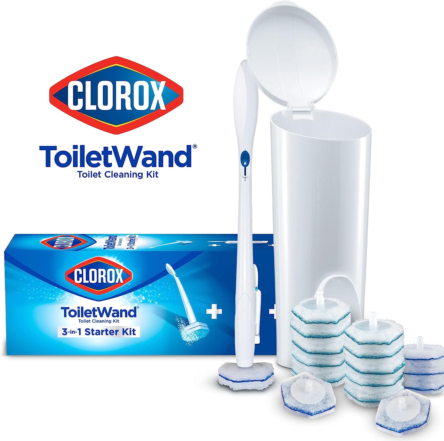 Clorox ToiletWand Disposable Toilet Cleaning Kit, Toilet Brush, Toilet and Bathroom Cleaning System with Storage Caddy and 16 Disinfecting ToiletWand Refill Heads