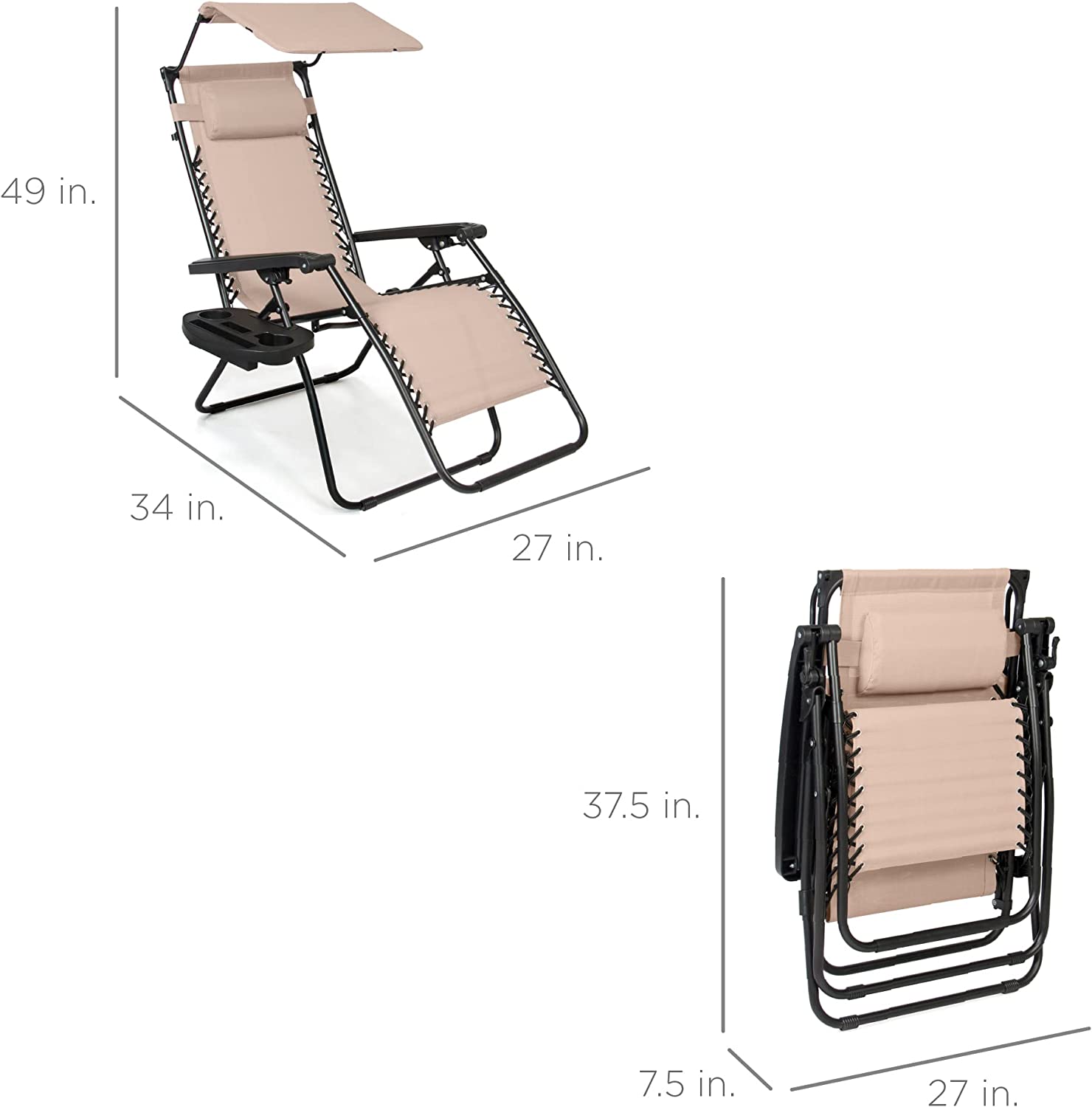 Folding Zero Gravity Outdoor Recliner Patio Lounge Chair w/Adjustable Canopy Shade, Headrest, Side Accessory Tray, Textilene Mesh - Beige