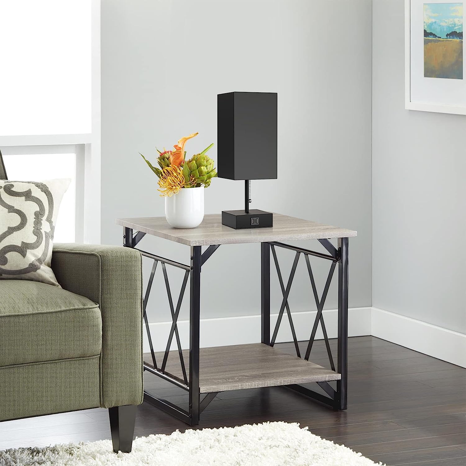 GGOYING Bedside Table Lamp, Pull Chain Table Lamp with Dual USB Charging Ports, 2700K LED Bulb, Fabric Linen Lampshade, Nightstand Lamp for Livingroom Bedroom Office Reading Working