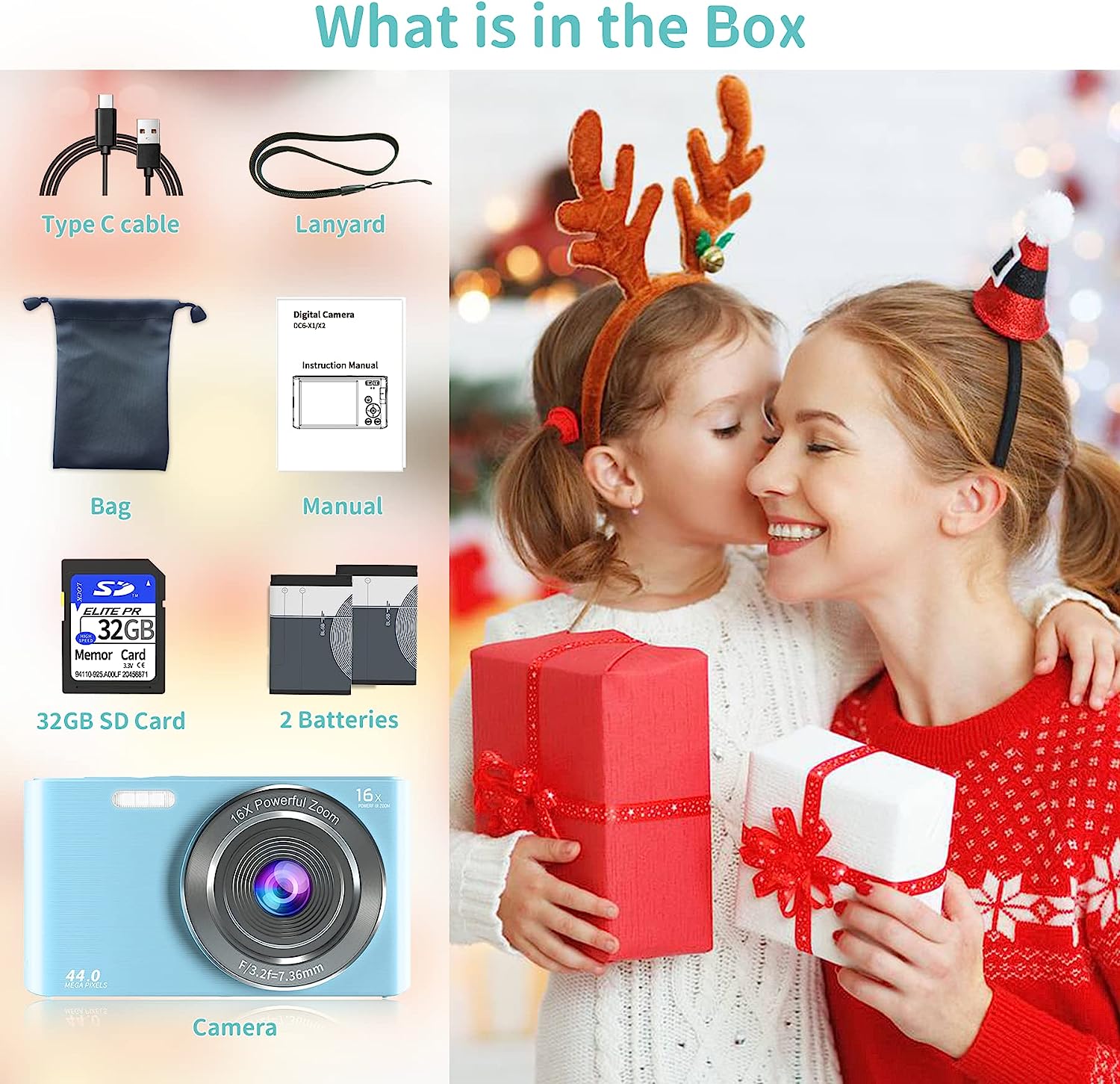 Saneen Digital Camera, FHD 2.7K Cameras for Photography, 44MP Kids Camera Small Compact Digital Camera for Teens, Adults & Beginners with 32GB SD Card, 16X Zoom, Two Rechargeable Batteries-Pink