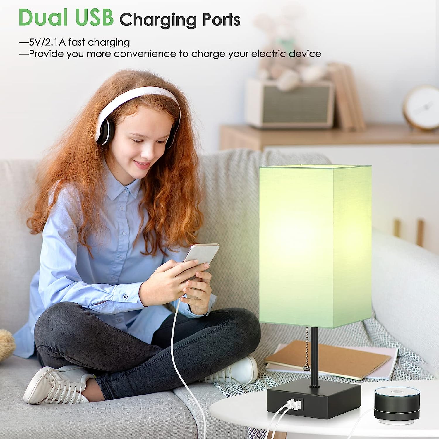 GGOYING Bedside Table Lamp, Pull Chain Table Lamp with Dual USB Charging Ports, 2700K LED Bulb, Fabric Linen Lampshade, Nightstand Lamp for Livingroom Bedroom Office Reading Working