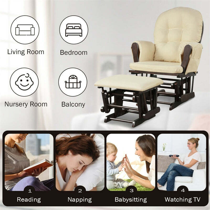 Wood Baby Glider Rocking Chair Nursery Chair with Gliding Ottoman & Storage Pocket