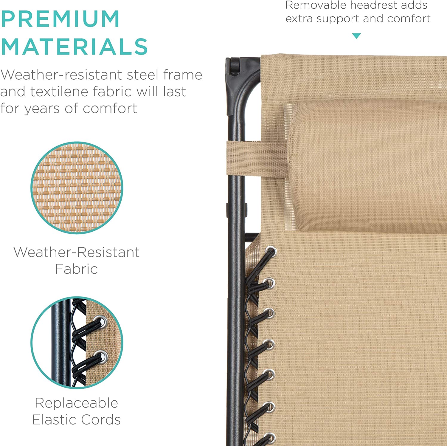 Folding Zero Gravity Outdoor Recliner Patio Lounge Chair w/Adjustable Canopy Shade, Headrest, Side Accessory Tray, Textilene Mesh - Beige