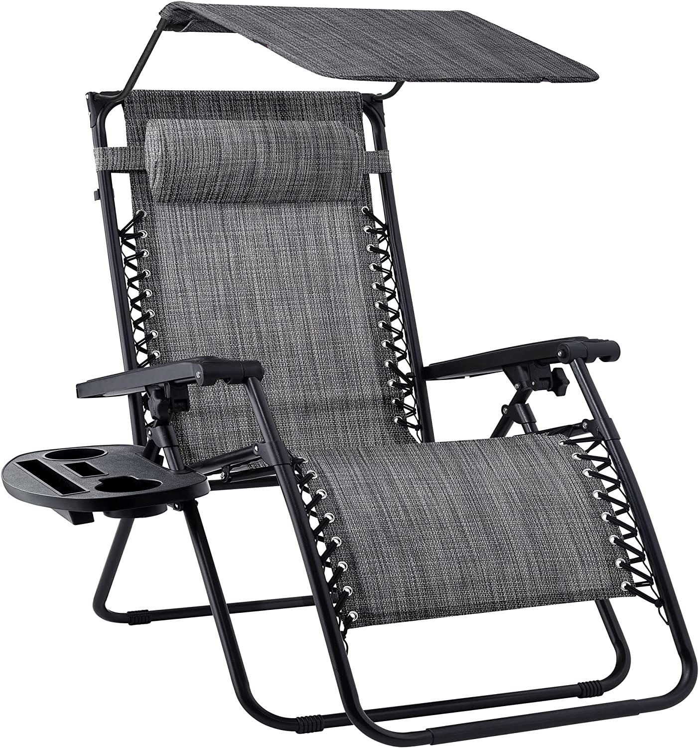 Folding Zero Gravity Outdoor Recliner Patio Lounge Chair w/Adjustable Canopy Shade, Headrest, Side Accessory Tray, Textilene Mesh - Beige