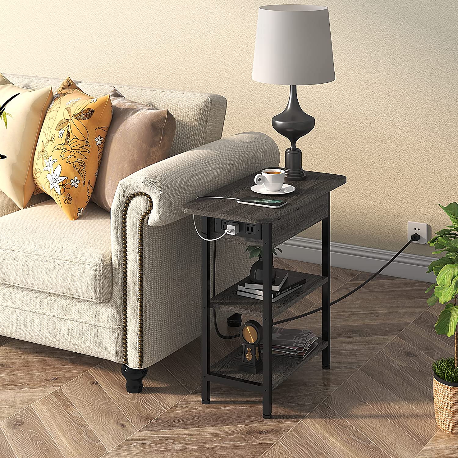 End Table with Charging Station, Flip Top Side Table with USB Ports and Outlets, Nightstand for Small Spaces, Bedside Tables with Storage Shelf for Living Room, Bedroom