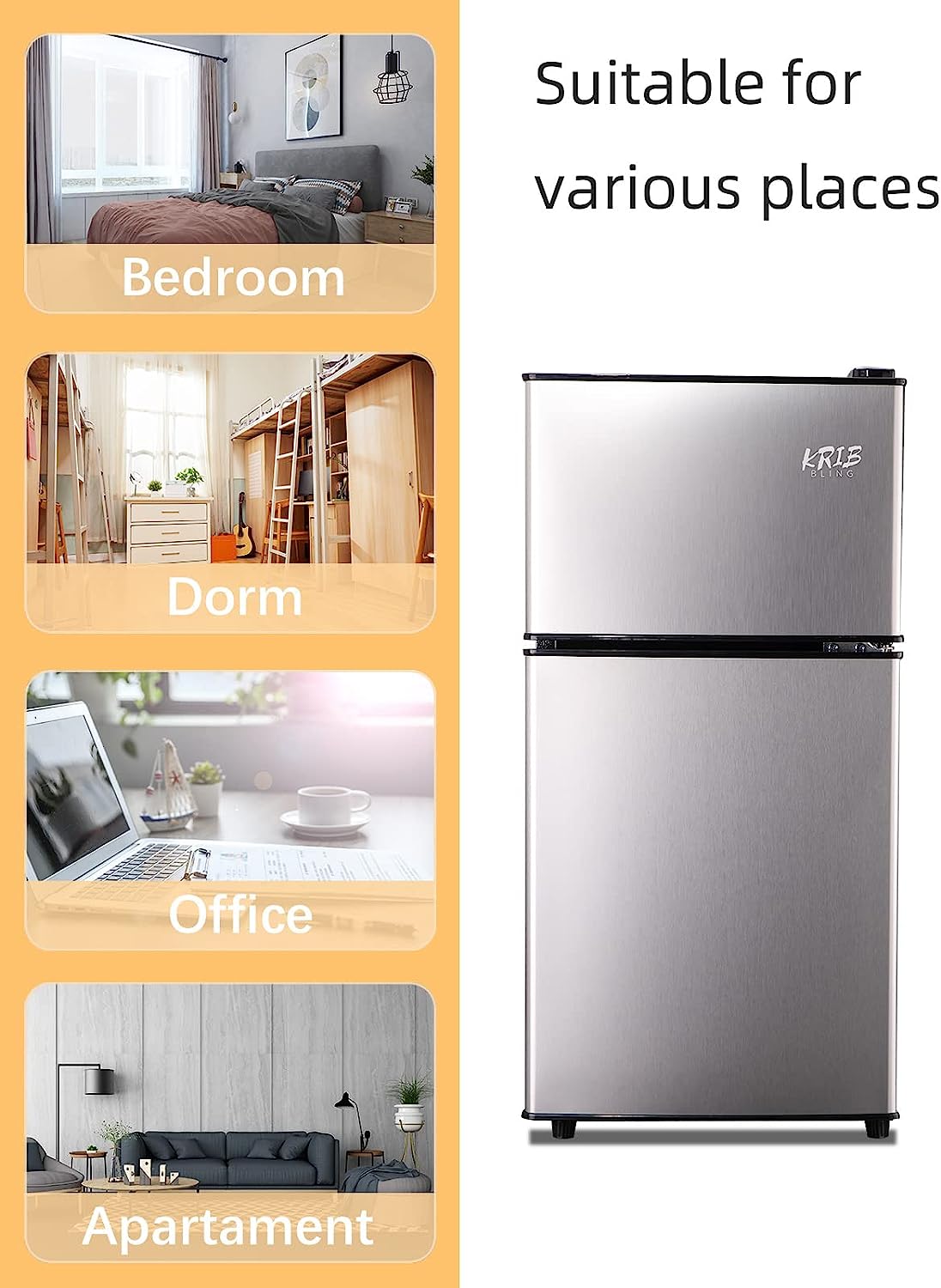 KRIB BLING Mini Fridge with Freezer on Top, 3.5 Cu.Ft Compact Refrigerator with 7 Levels Adjustable Thermostat, Small Fridge for Dorm, Office, RV Camping, Silver