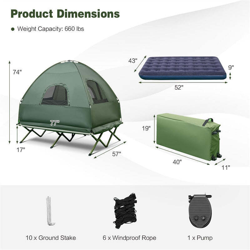 5-in-1 Tent Cot 2-Person Portable Outdoor Camping Tent Combo with Air Mattress Sleeping Bag & Sunshade