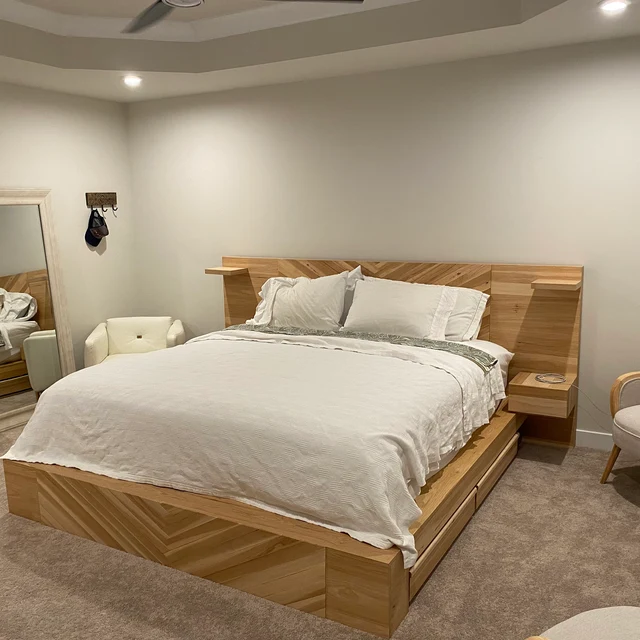 White Oak Platform King Bed Frame With Woven Oak & Integrated Lighting