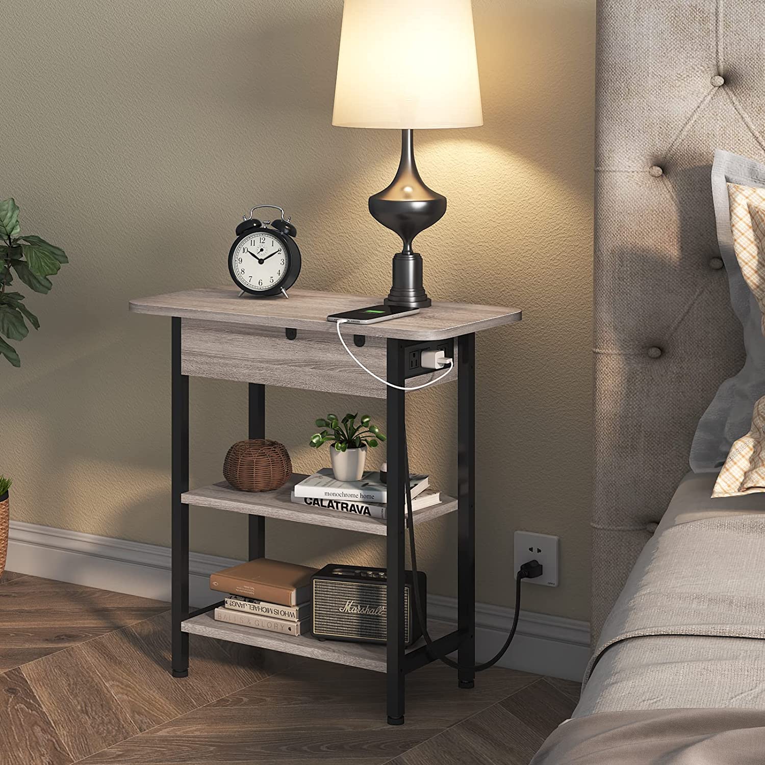 End Table with Charging Station, Flip Top Side Table with USB Ports and Outlets, Nightstand for Small Spaces, Bedside Tables with Storage Shelf for Living Room, Bedroom