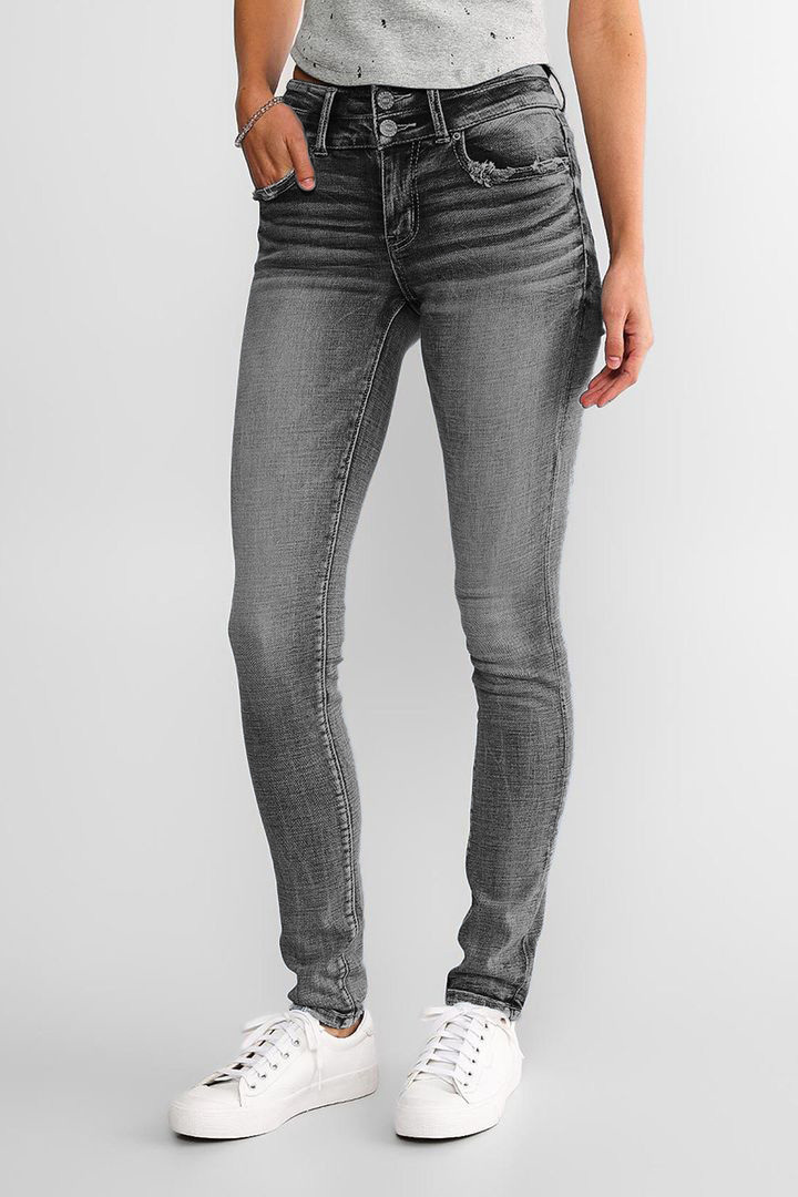 Mid Waist Double Button Skinny Jeans