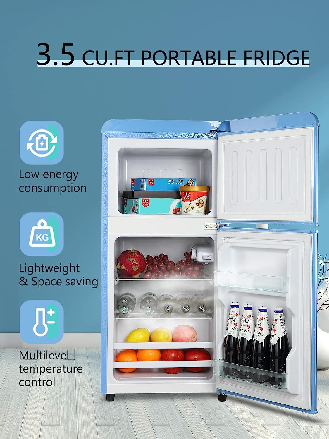 KRIB BLING Mini Fridge with Freezer on Top, 3.5 Cu.Ft Compact Refrigerator with 7 Levels Adjustable Thermostat, Small Fridge for Dorm, Office, RV Camping, Silver