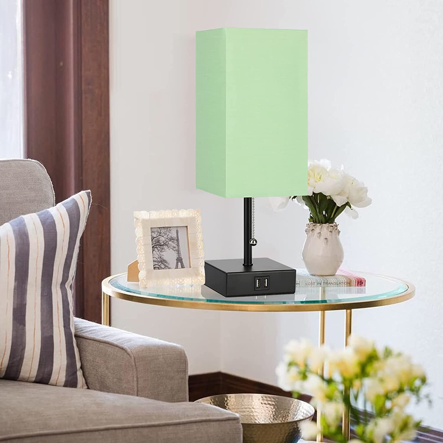 GGOYING Bedside Table Lamp, Pull Chain Table Lamp with Dual USB Charging Ports, 2700K LED Bulb, Fabric Linen Lampshade, Nightstand Lamp for Livingroom Bedroom Office Reading Working