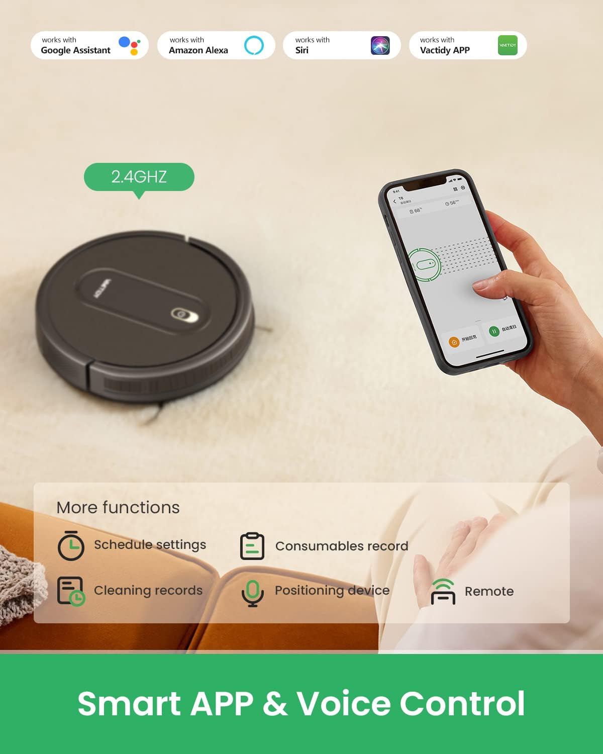 Vactidy T6 Robot Vacuum, Slim, Quiet, Automatic Self-Charging Robotic Vacuum Cleaner, Daily Schedule Cleaning, 2.4GHz WiFi/App/Alexa/Siri Control, Good for Pet Hair, Hard Floor and Low Pile Carpet
