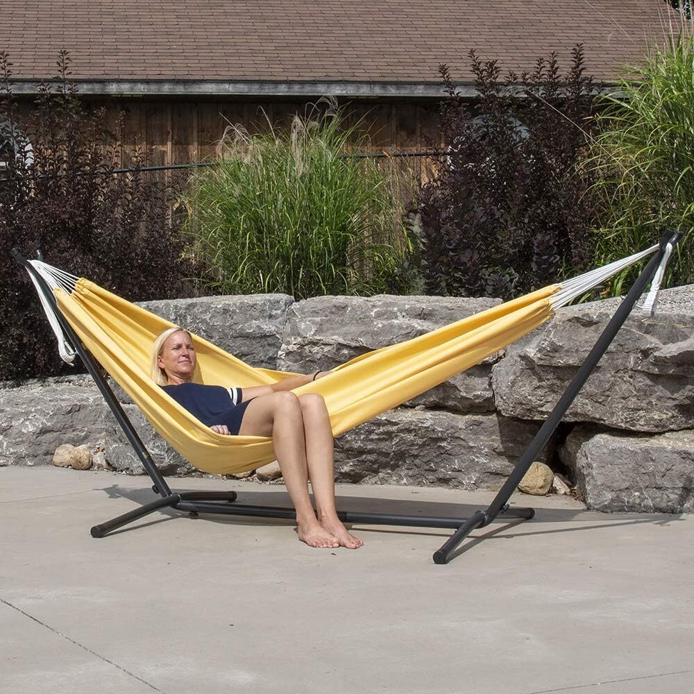 Double Cotton Hammock with Space Saving Steel Stand, Tropical (450 lb Capacity - Premium Carry Bag Included)