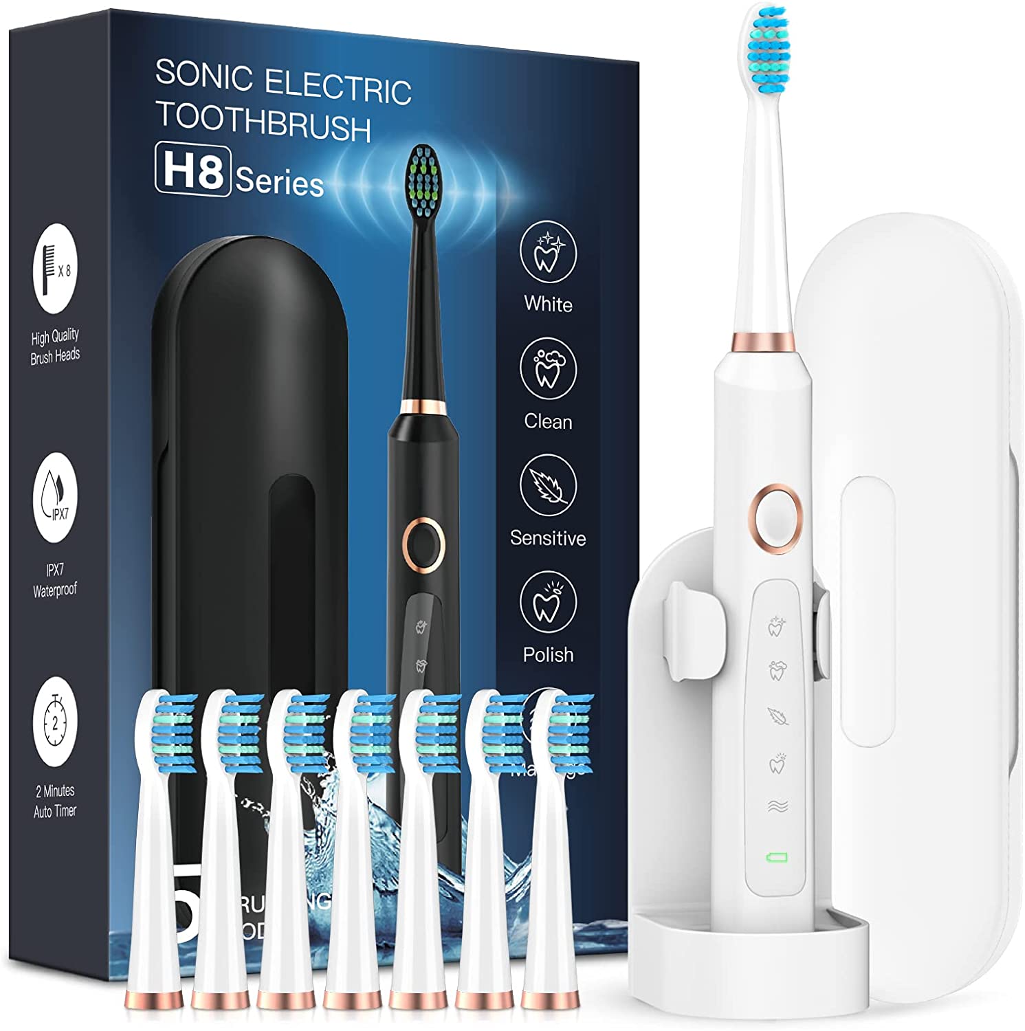 Sonic Electric Toothbrush for Adults - Rechargeable Electric Toothbrushes with 8 Brush Heads, & Travel Case,Teeth Whitening , Power Electric Toothbrush with Holder, Once Charge for 120 Days - H8 Pink
