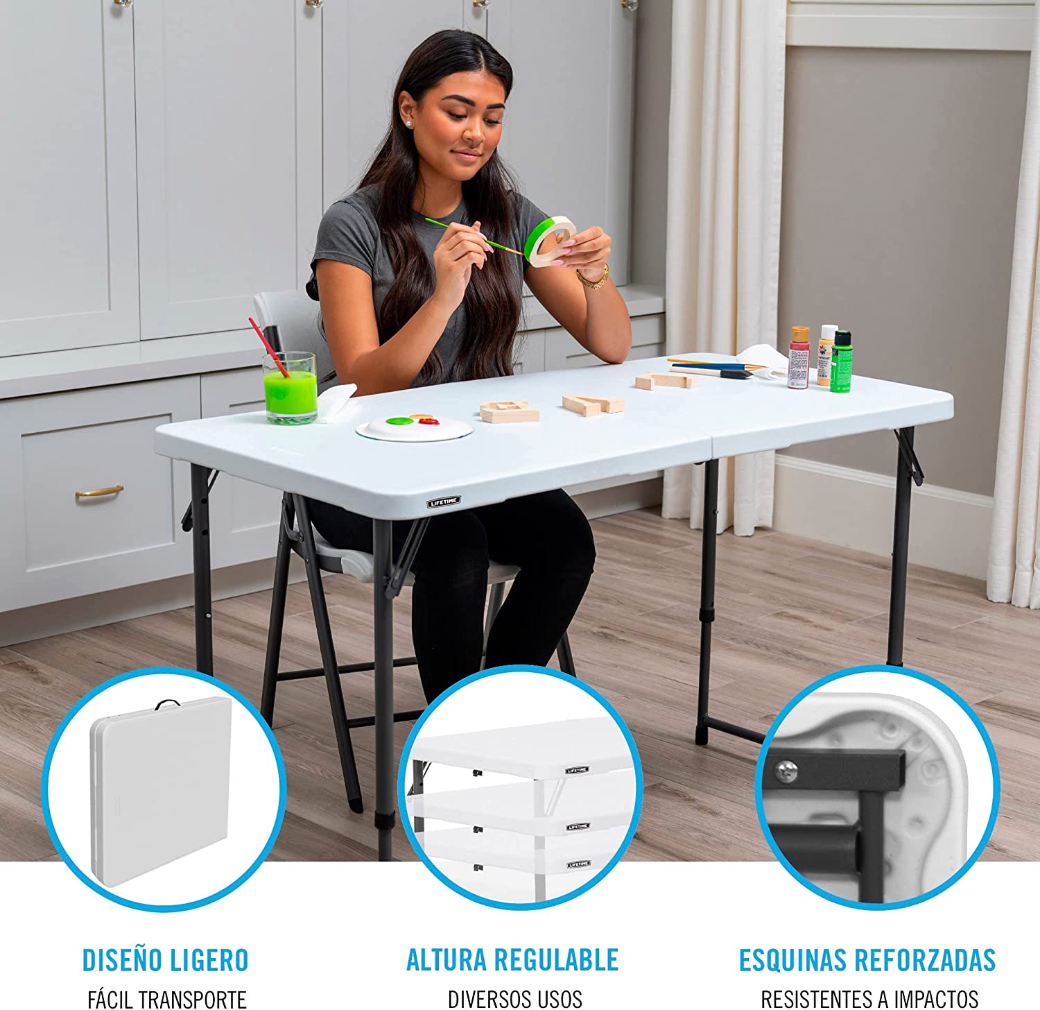 Height Adjustable Craft Camping and Utility Folding Table, 4 Foot, 4'/48 x 24, White Granite