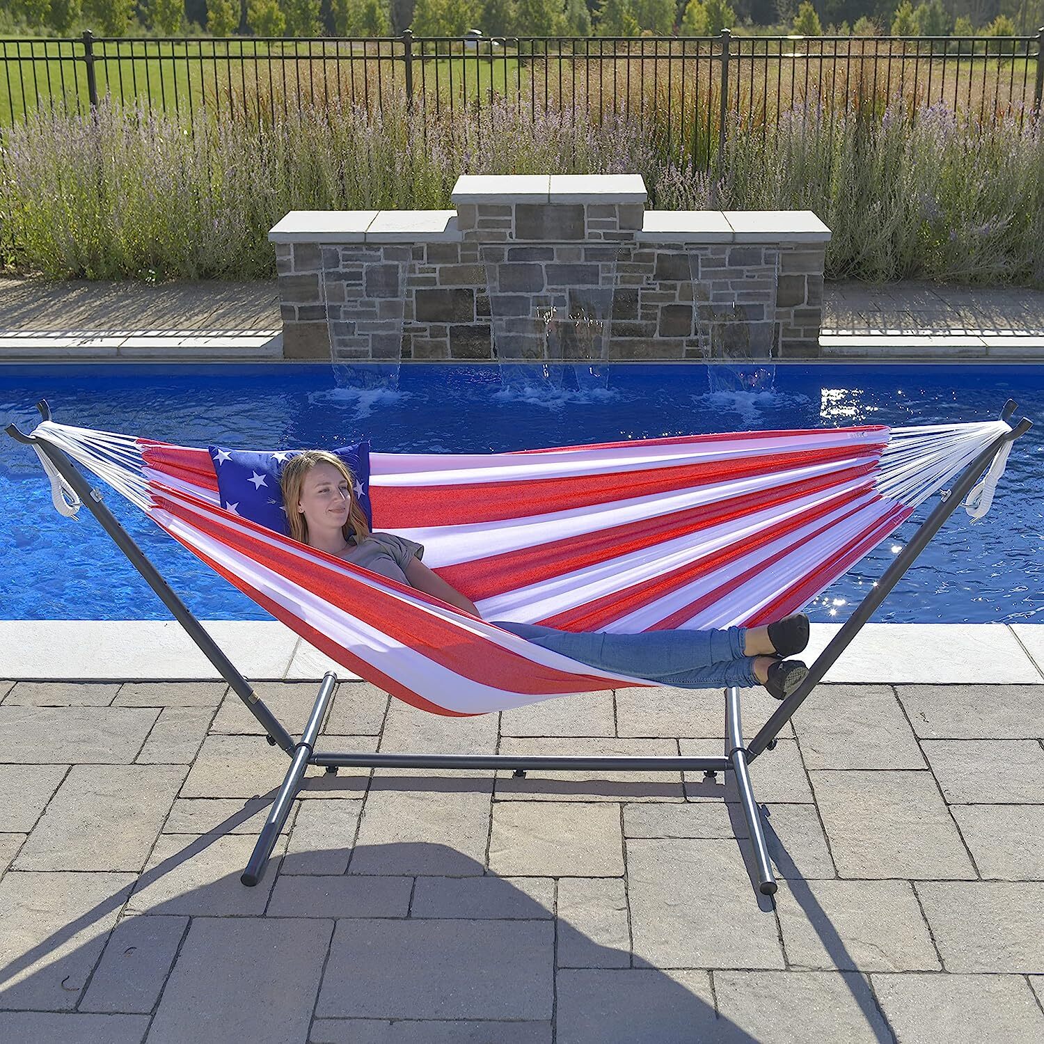 Double Cotton Hammock with Space Saving Steel Stand, Tropical (450 lb Capacity - Premium Carry Bag Included)