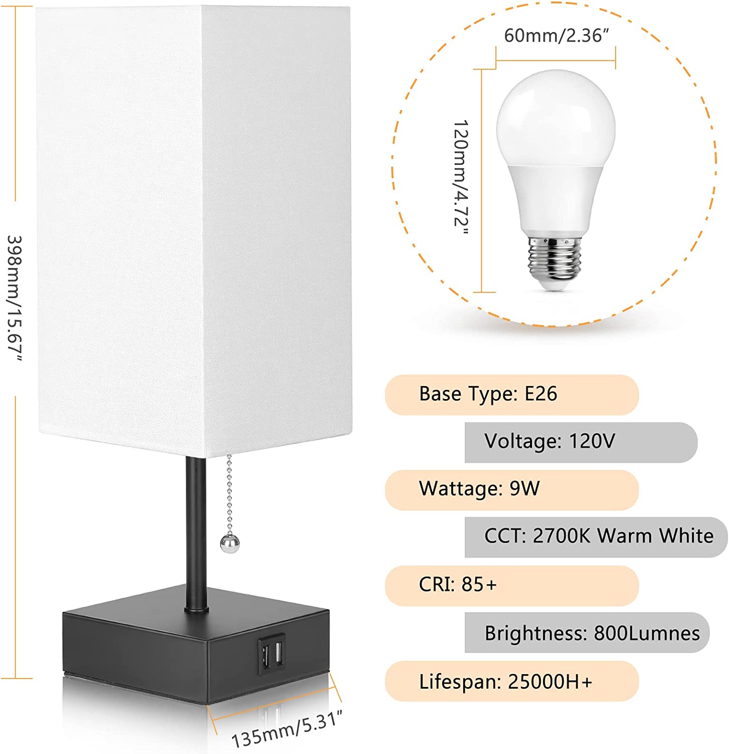GGOYING Bedside Table Lamp, Pull Chain Table Lamp with Dual USB Charging Ports, 2700K LED Bulb, Fabric Linen Lampshade, Nightstand Lamp for Livingroom Bedroom Office Reading Working