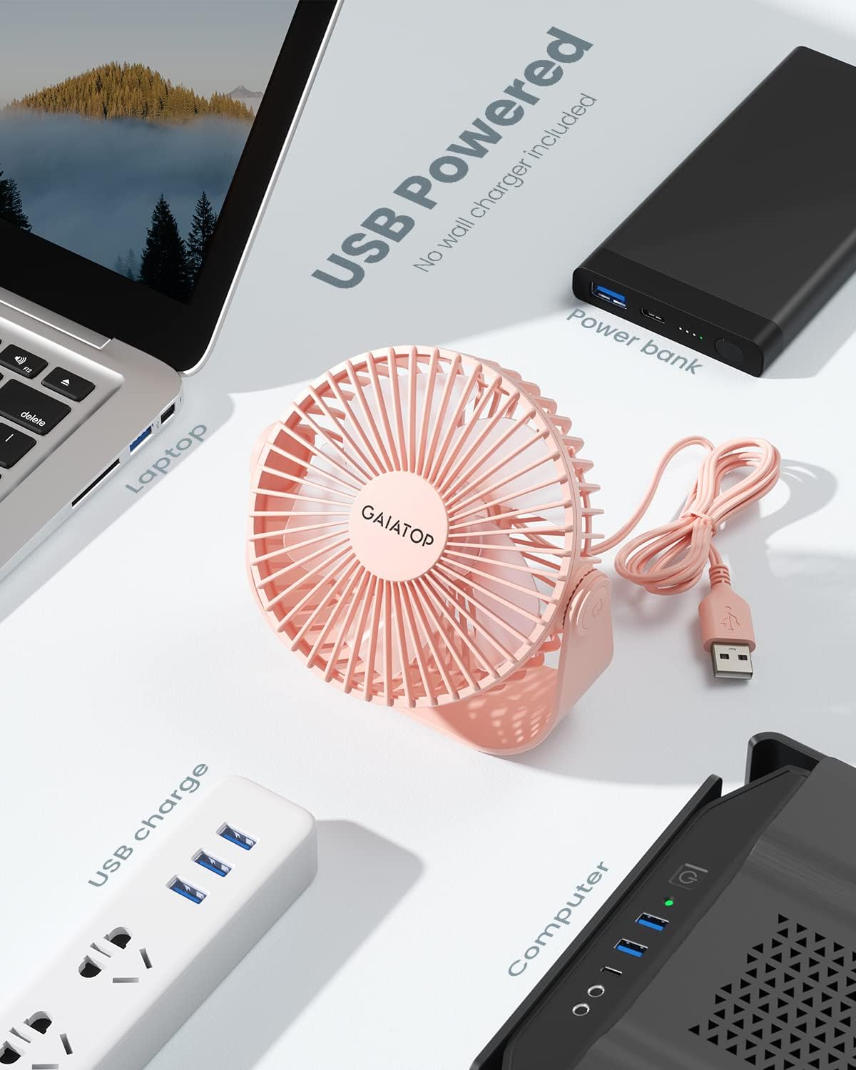 Gaiatop USB Desk Fan, 3 Speeds Portable Small Fan with Strong Airflow, 5.5 Inch Quiet Table Fan, 90° Rotate Personal Cooling Fan For Bedroom Home Office Desktop Travel (Black)