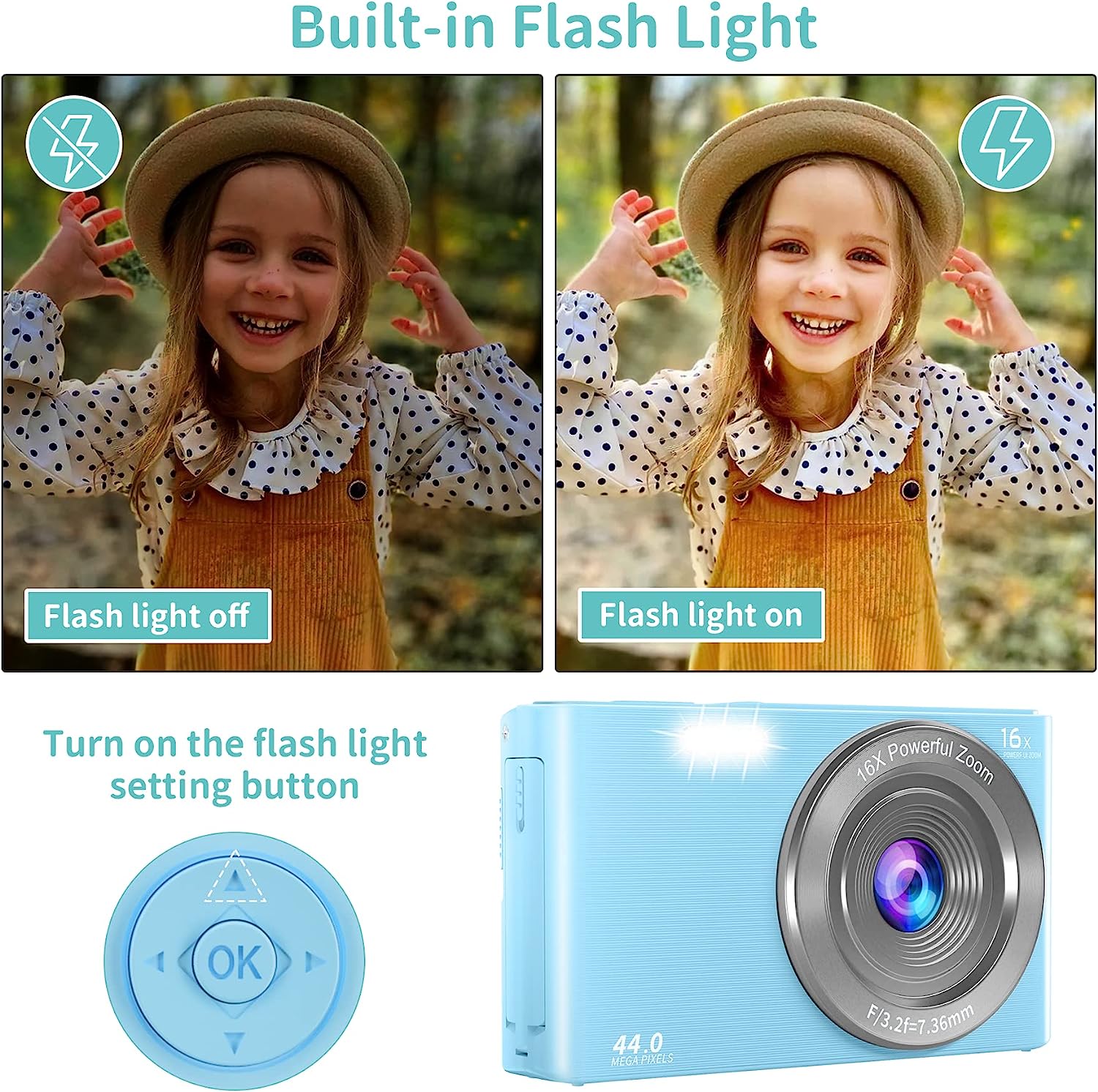 Saneen Digital Camera, FHD 2.7K Cameras for Photography, 44MP Kids Camera Small Compact Digital Camera for Teens, Adults & Beginners with 32GB SD Card, 16X Zoom, Two Rechargeable Batteries-Pink