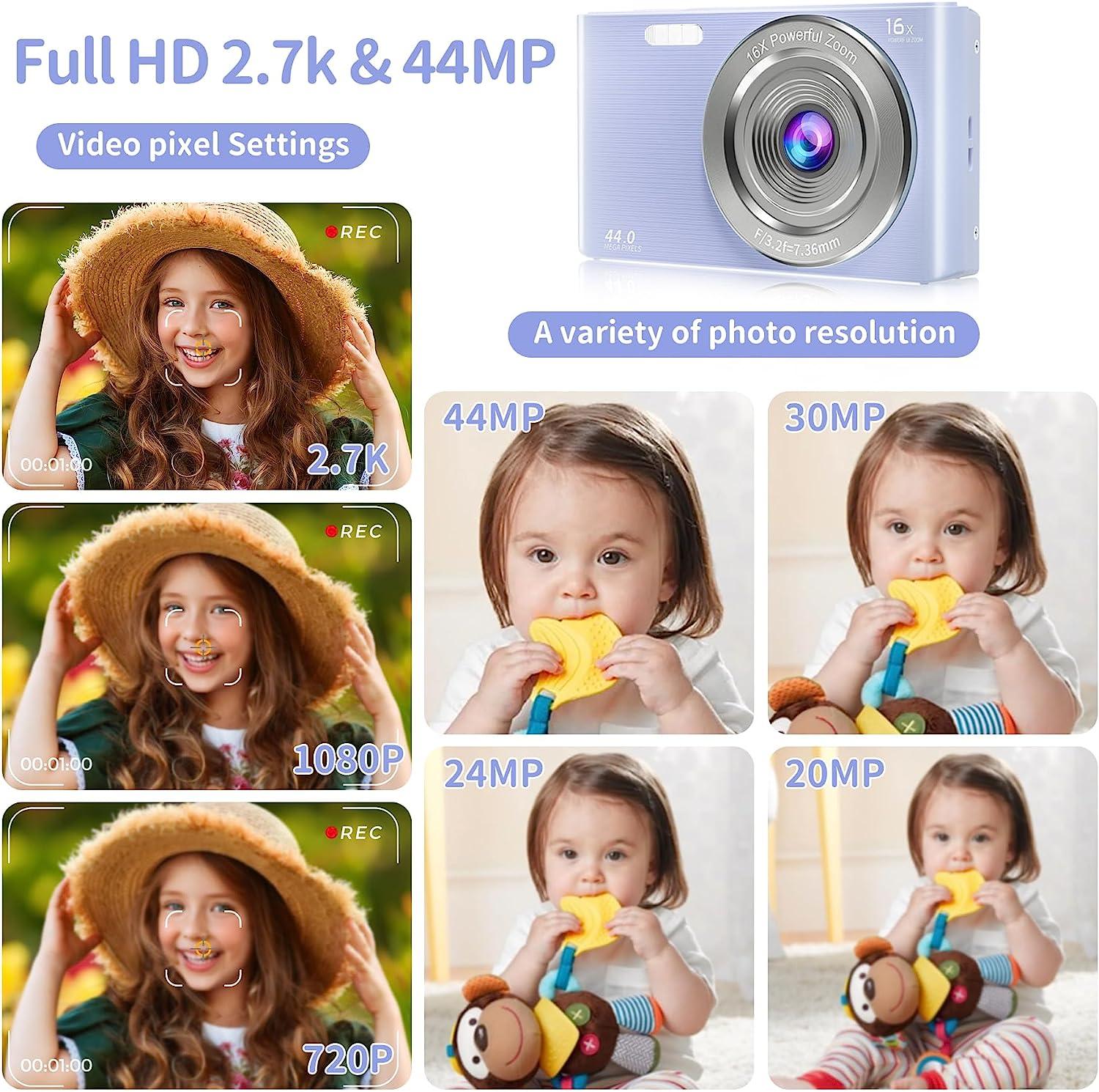 Saneen Digital Camera, FHD 2.7K Cameras for Photography, 44MP Kids Camera Small Compact Digital Camera for Teens, Adults & Beginners with 32GB SD Card, 16X Zoom, Two Rechargeable Batteries-Pink