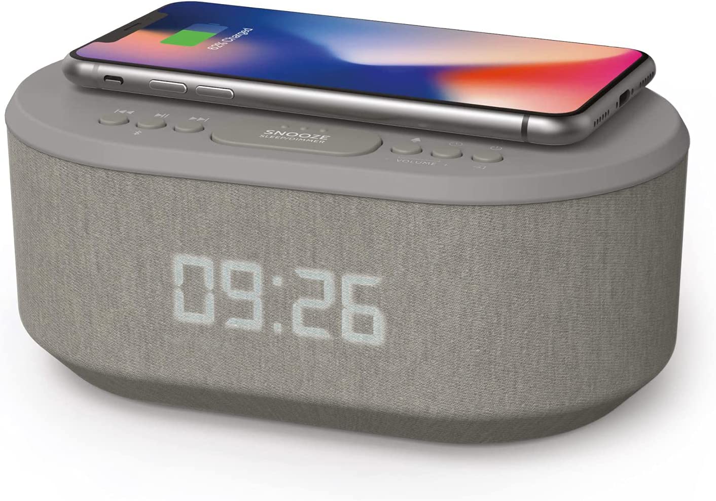 i-box Bedside Radio Alarm Clock with USB Charger, Bluetooth Speaker, QI Wireless Charging, Dual Alarm Dimmable LED Display (Grey)