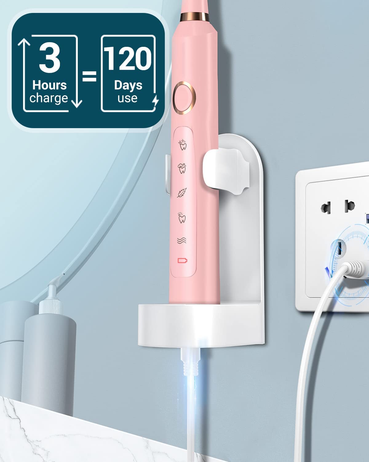 Sonic Electric Toothbrush for Adults - Rechargeable Electric Toothbrushes with 8 Brush Heads, & Travel Case,Teeth Whitening , Power Electric Toothbrush with Holder, Once Charge for 120 Days - H8 Pink