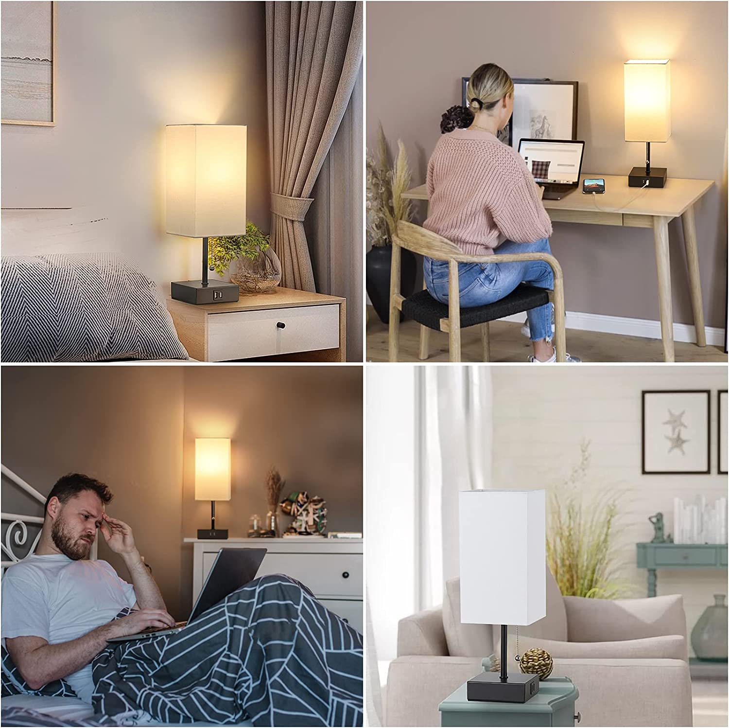 GGOYING Bedside Table Lamp, Pull Chain Table Lamp with Dual USB Charging Ports, 2700K LED Bulb, Fabric Linen Lampshade, Nightstand Lamp for Livingroom Bedroom Office Reading Working