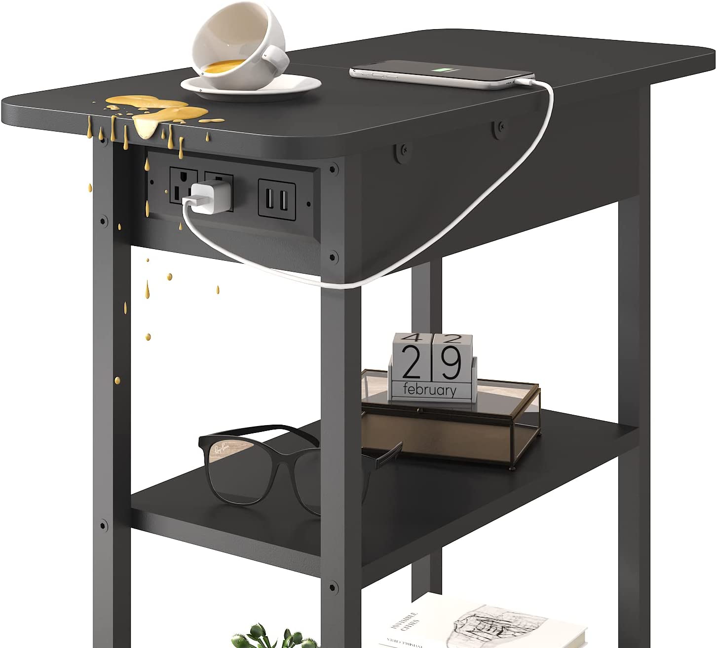 End Table with Charging Station, Flip Top Side Table with USB Ports and Outlets, Nightstand for Small Spaces, Bedside Tables with Storage Shelf for Living Room, Bedroom