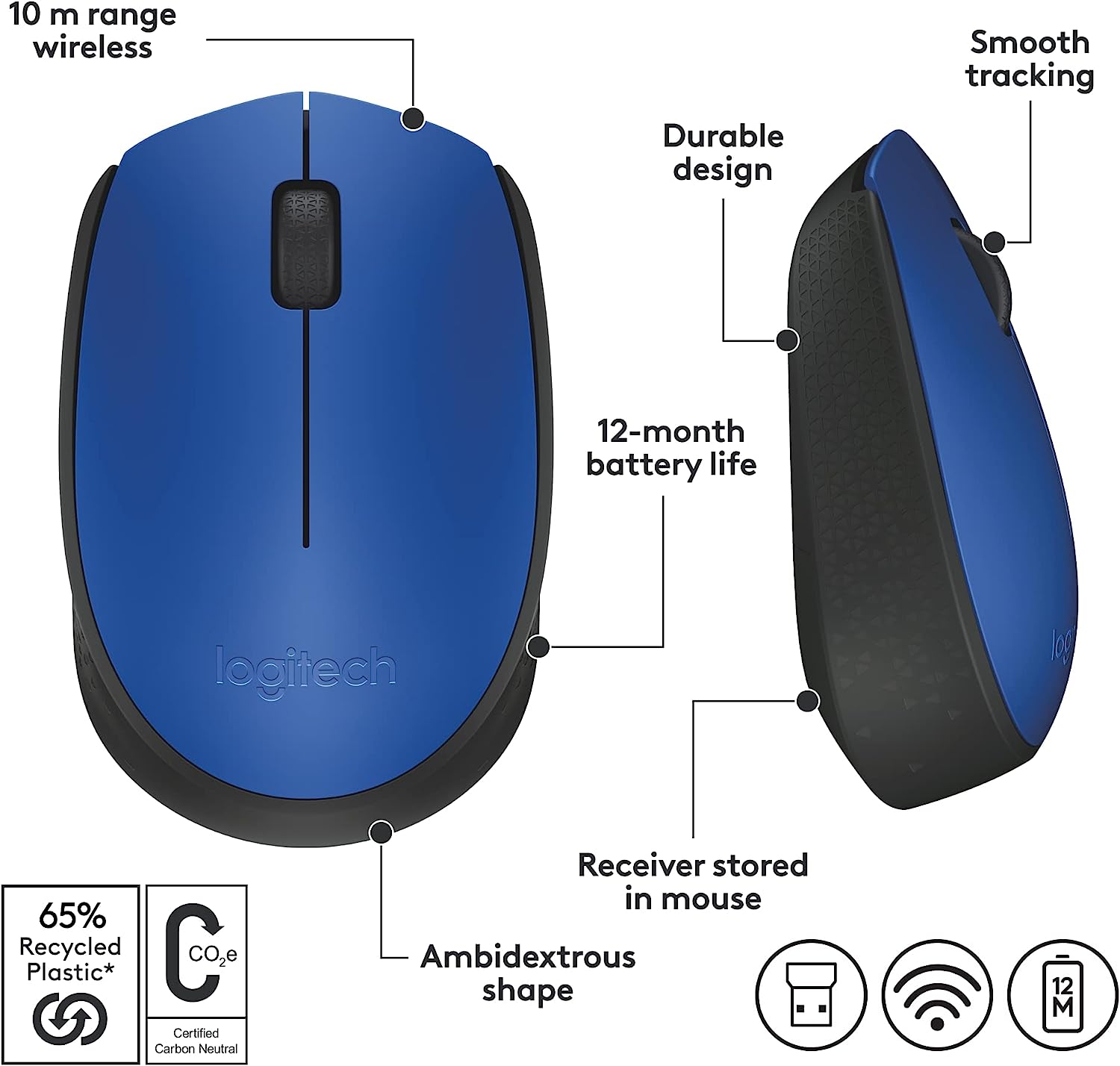 Logitech M170 Wireless Mouse for PC, Mac, Laptop, 2.4 GHz with USB Mini Receiver, Optical Tracking, 12-Months Battery Life, Ambidextrous - Blue Grey