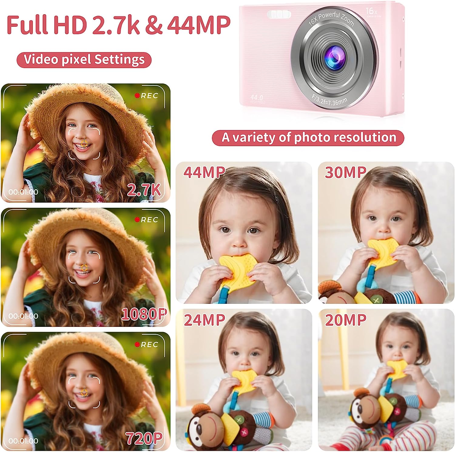 Saneen Digital Camera, FHD 2.7K Cameras for Photography, 44MP Kids Camera Small Compact Digital Camera for Teens, Adults & Beginners with 32GB SD Card, 16X Zoom, Two Rechargeable Batteries-Pink