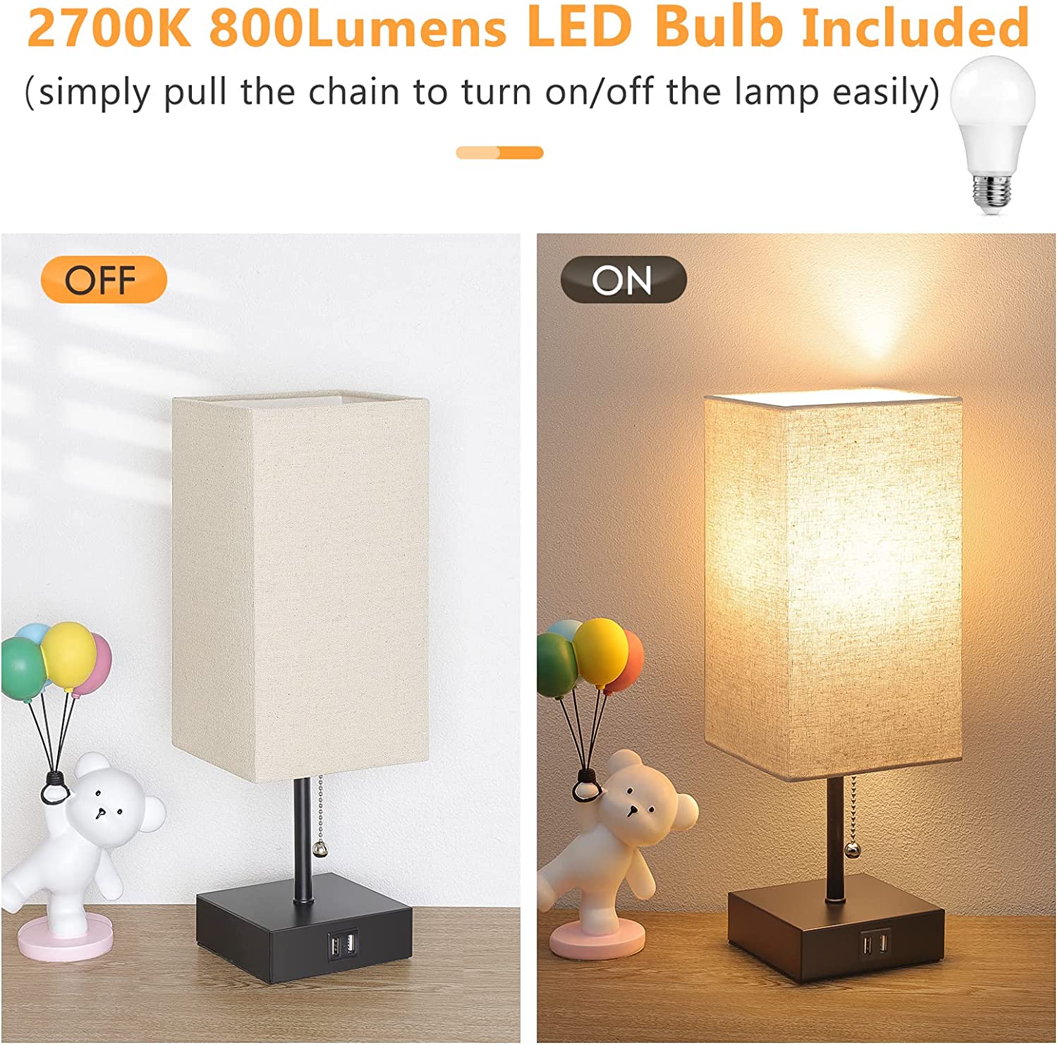GGOYING Bedside Table Lamp, Pull Chain Table Lamp with Dual USB Charging Ports, 2700K LED Bulb, Fabric Linen Lampshade, Nightstand Lamp for Livingroom Bedroom Office Reading Working