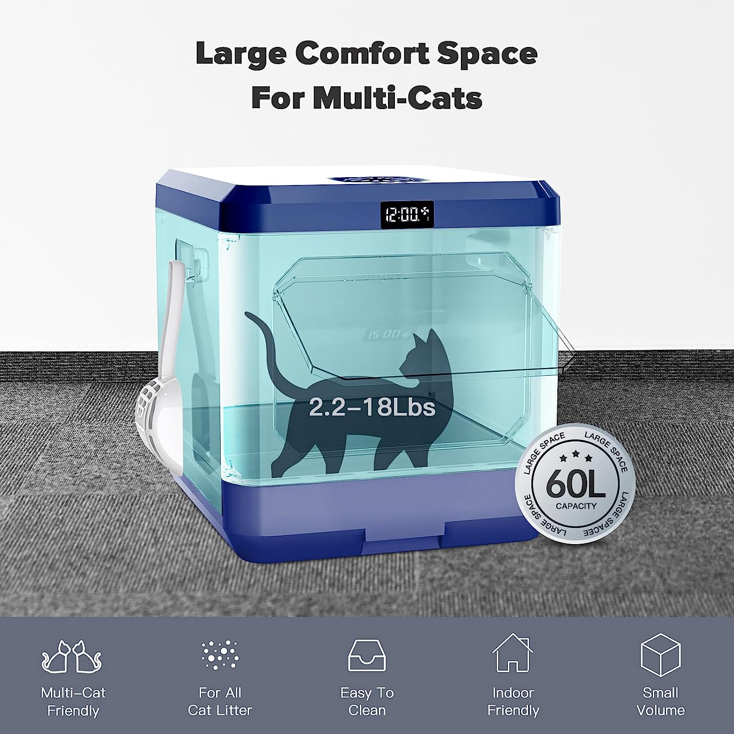 Smart Odor Removal Cat Litter Box, Covered Kitty Litter Box Extra Large Space, Enclosed Litter Box with Lid for Multiple Indoor Cats, Easy Clean, and Assemble, Includes Scoop and Mat