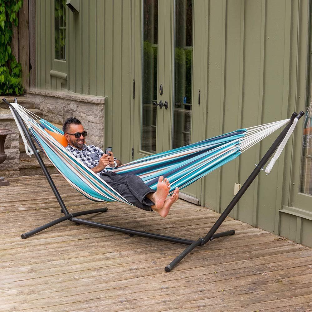 Double Cotton Hammock with Space Saving Steel Stand, Tropical (450 lb Capacity - Premium Carry Bag Included)