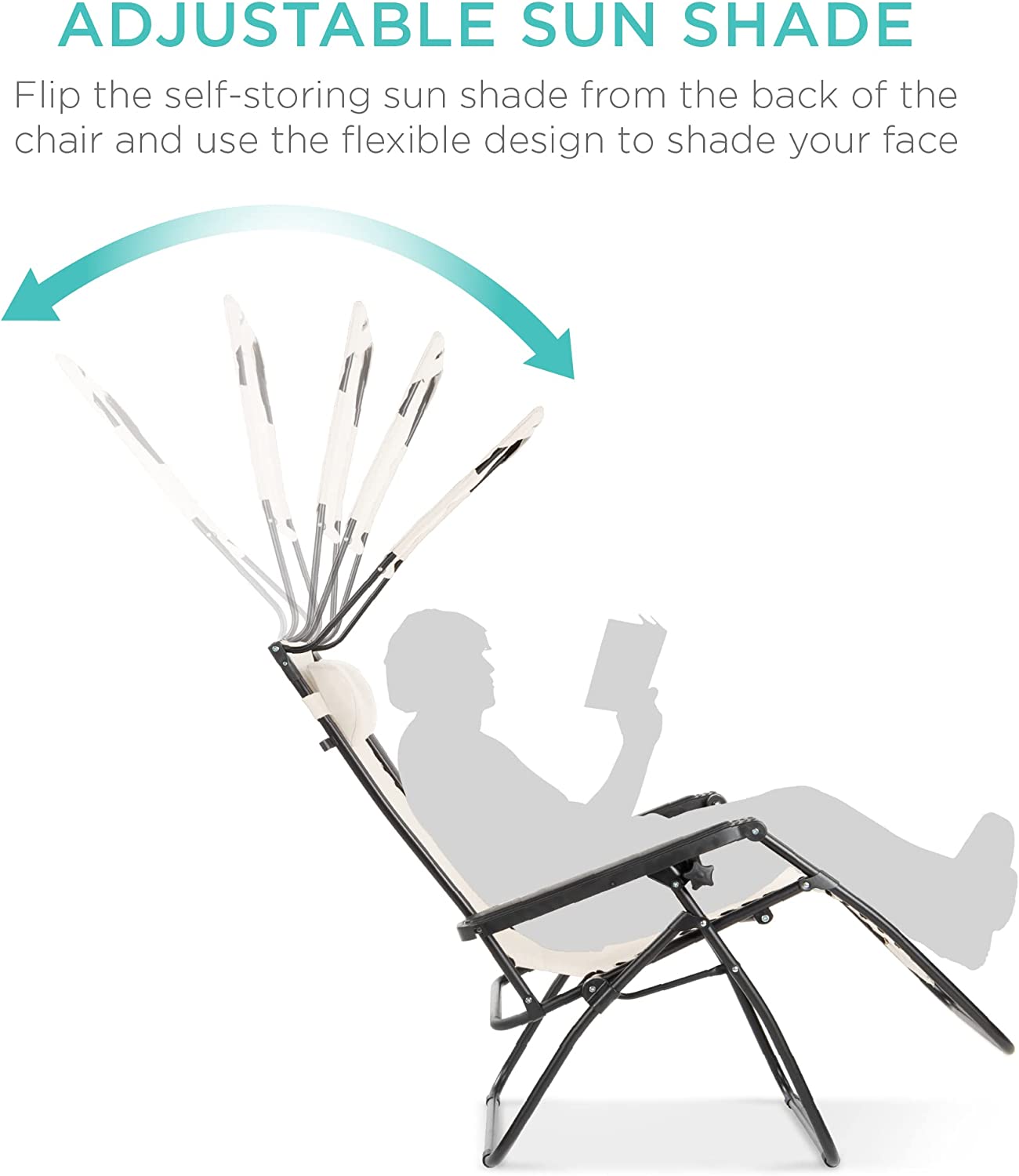 Folding Zero Gravity Outdoor Recliner Patio Lounge Chair w/Adjustable Canopy Shade, Headrest, Side Accessory Tray, Textilene Mesh - Beige