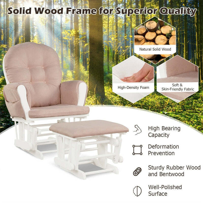 Wood Baby Glider Rocking Chair Nursery Chair with Gliding Ottoman & Storage Pocket