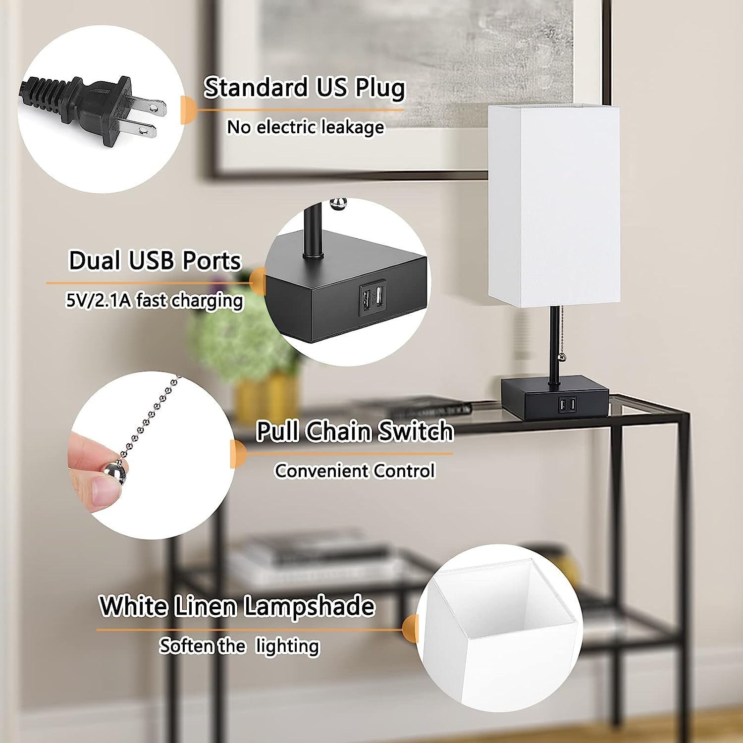 GGOYING Bedside Table Lamp, Pull Chain Table Lamp with Dual USB Charging Ports, 2700K LED Bulb, Fabric Linen Lampshade, Nightstand Lamp for Livingroom Bedroom Office Reading Working