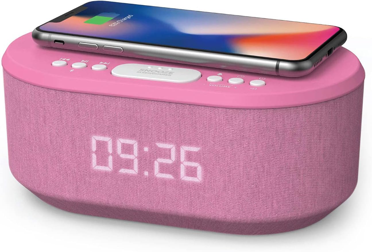i-box Bedside Radio Alarm Clock with USB Charger, Bluetooth Speaker, QI Wireless Charging, Dual Alarm Dimmable LED Display (Grey)
