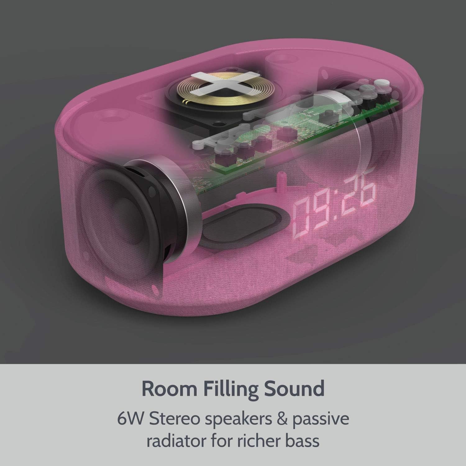 i-box Bedside Radio Alarm Clock with USB Charger, Bluetooth Speaker, QI Wireless Charging, Dual Alarm Dimmable LED Display (Grey)