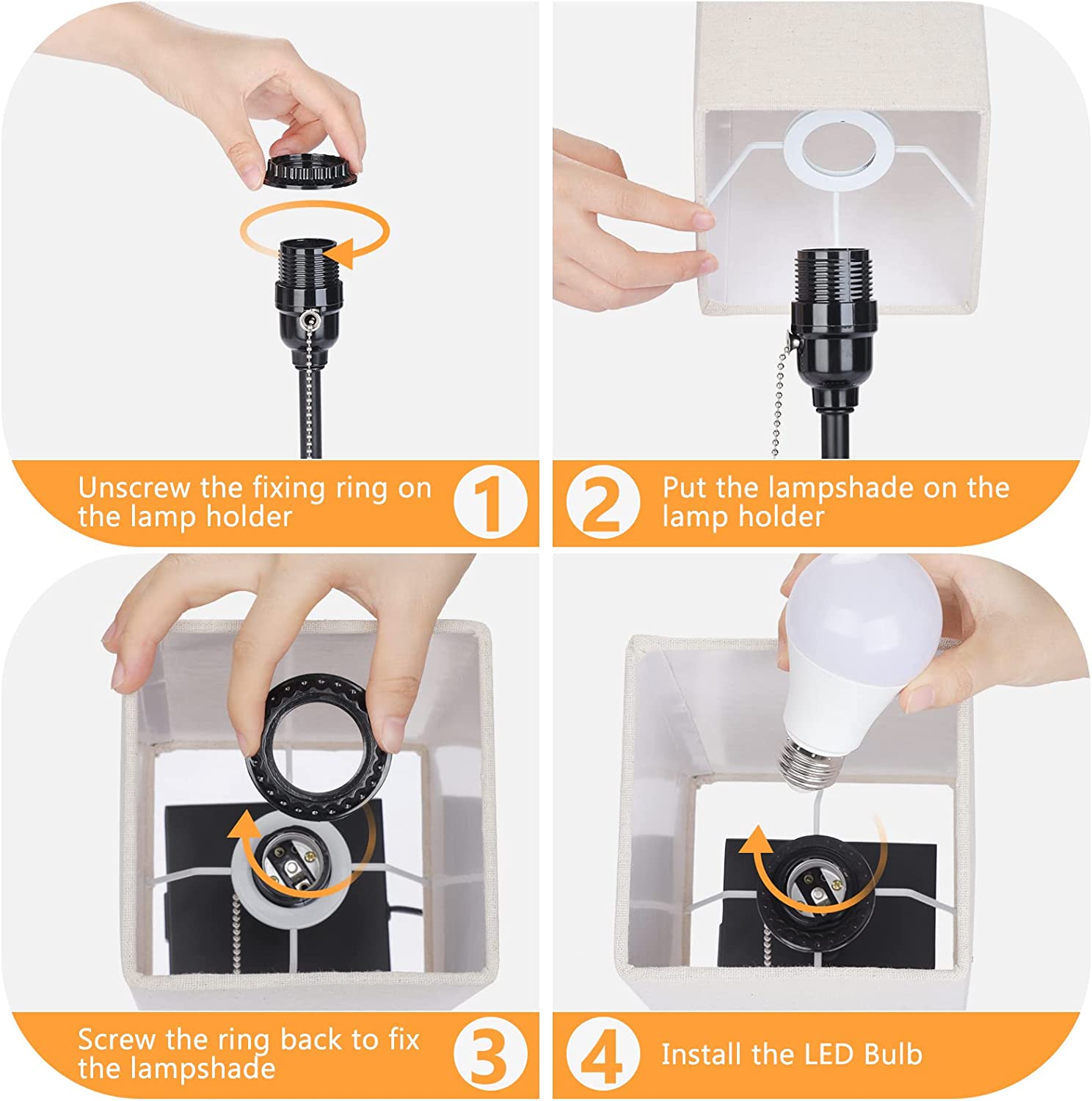 GGOYING Bedside Table Lamp, Pull Chain Table Lamp with Dual USB Charging Ports, 2700K LED Bulb, Fabric Linen Lampshade, Nightstand Lamp for Livingroom Bedroom Office Reading Working