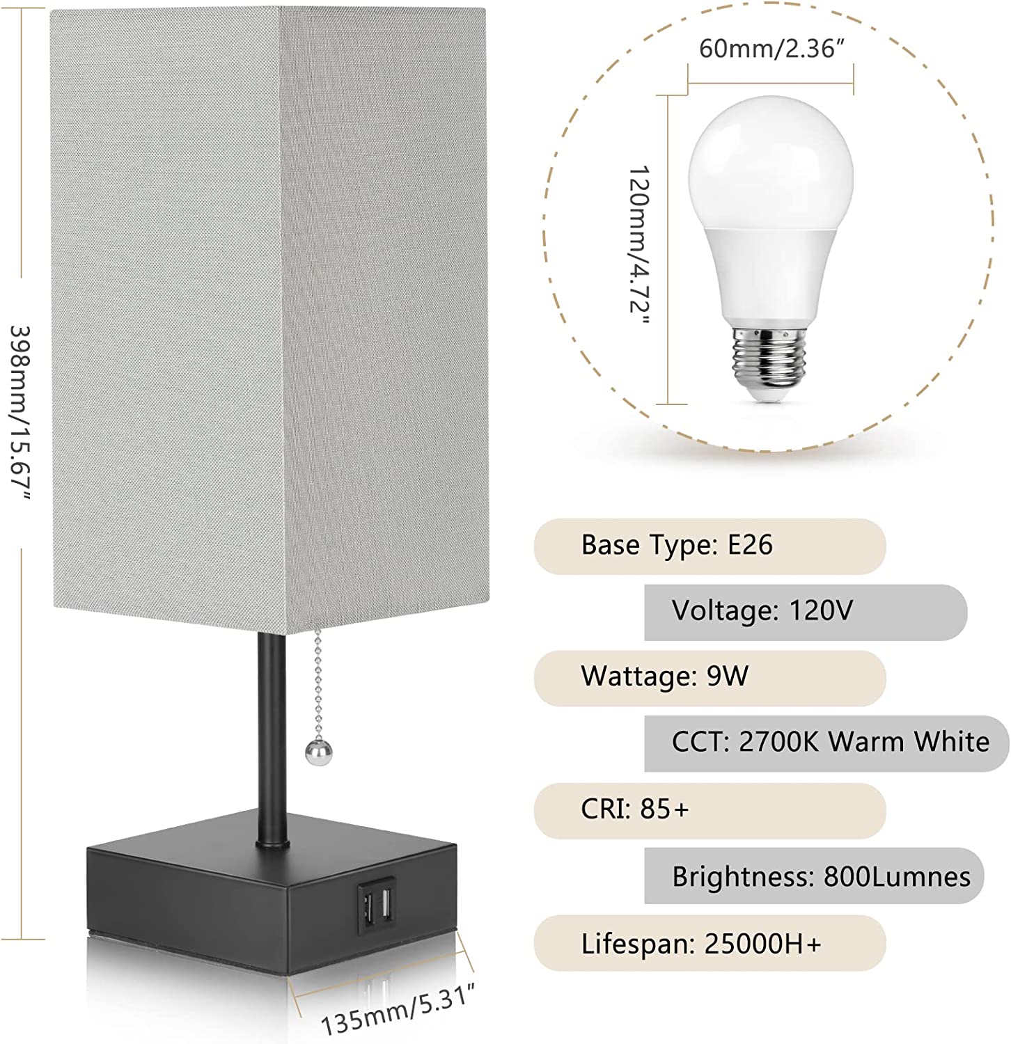GGOYING Bedside Table Lamp, Pull Chain Table Lamp with Dual USB Charging Ports, 2700K LED Bulb, Fabric Linen Lampshade, Nightstand Lamp for Livingroom Bedroom Office Reading Working