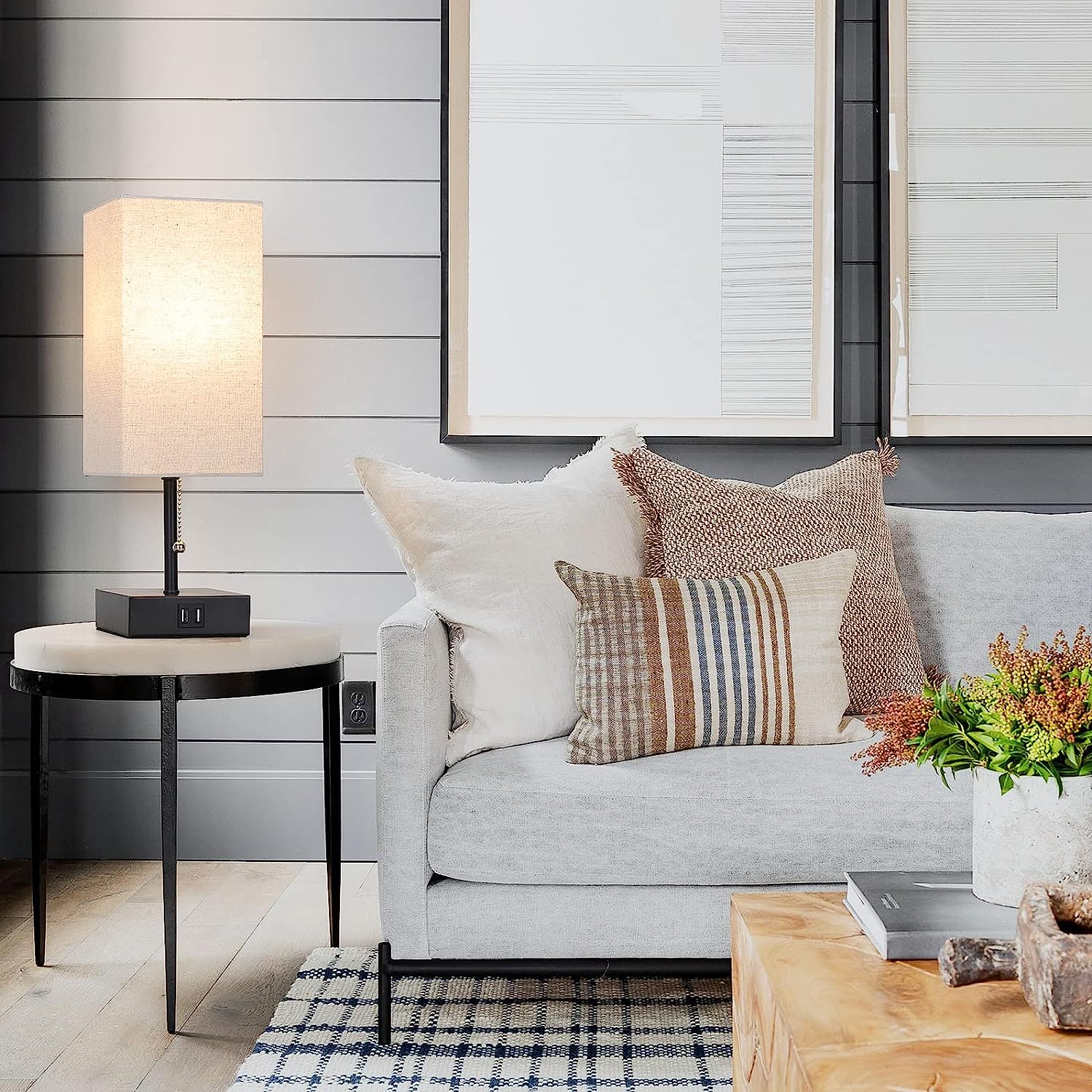 GGOYING Bedside Table Lamp, Pull Chain Table Lamp with Dual USB Charging Ports, 2700K LED Bulb, Fabric Linen Lampshade, Nightstand Lamp for Livingroom Bedroom Office Reading Working