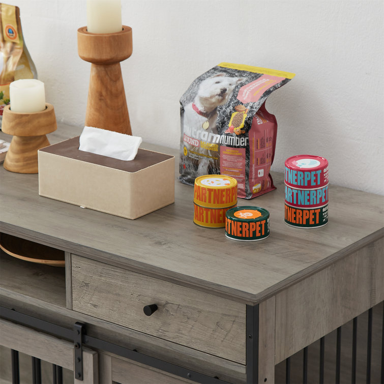 2 Drawers 71'' Super Big Furniture Style Dog Crate Dog Kennel Cage Barn Door W/ Detachable Layer Rustic Gray