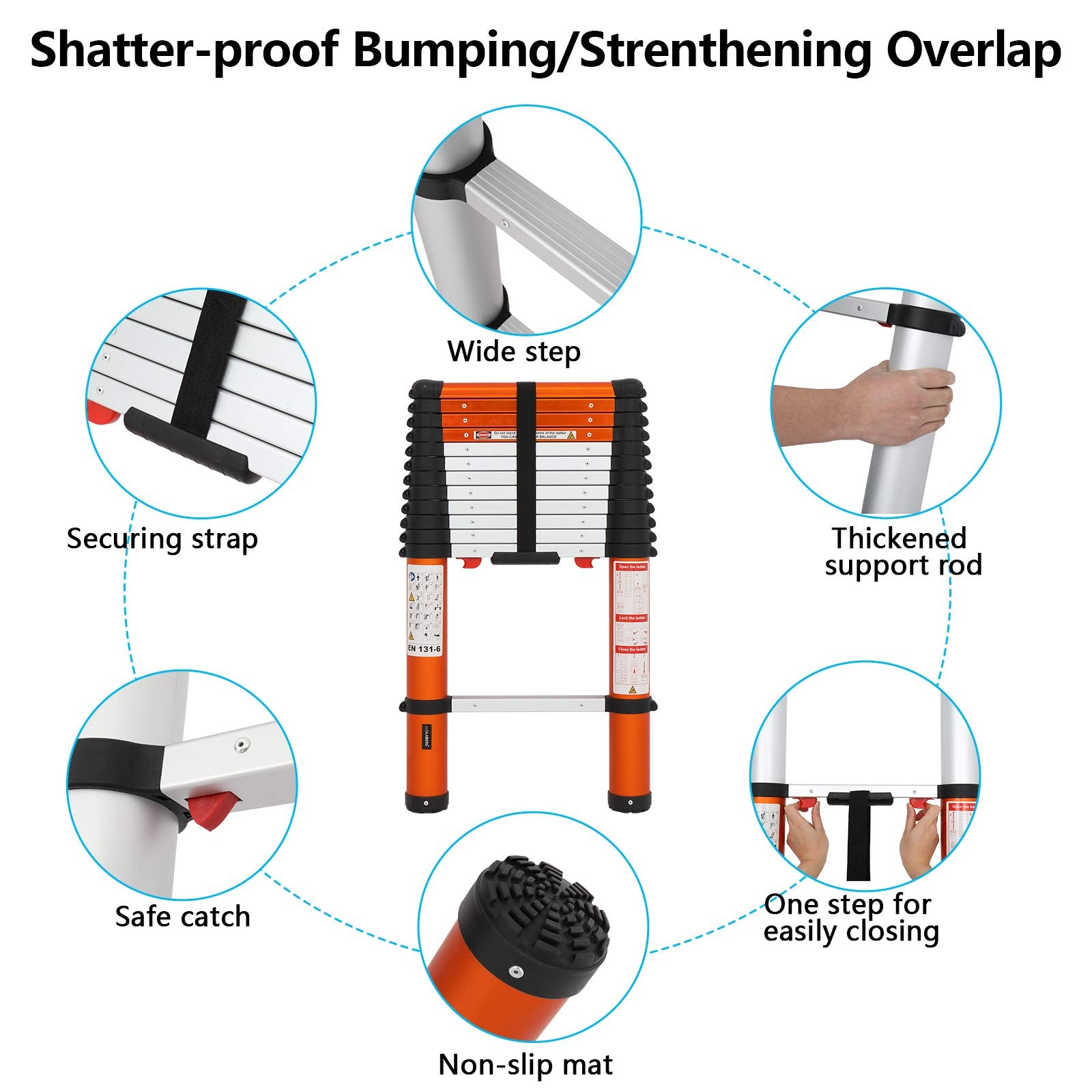 Multi-Use Telescoping Ladder Aluminum Extension Ladder One-Button Retraction 330 Lb Capacity