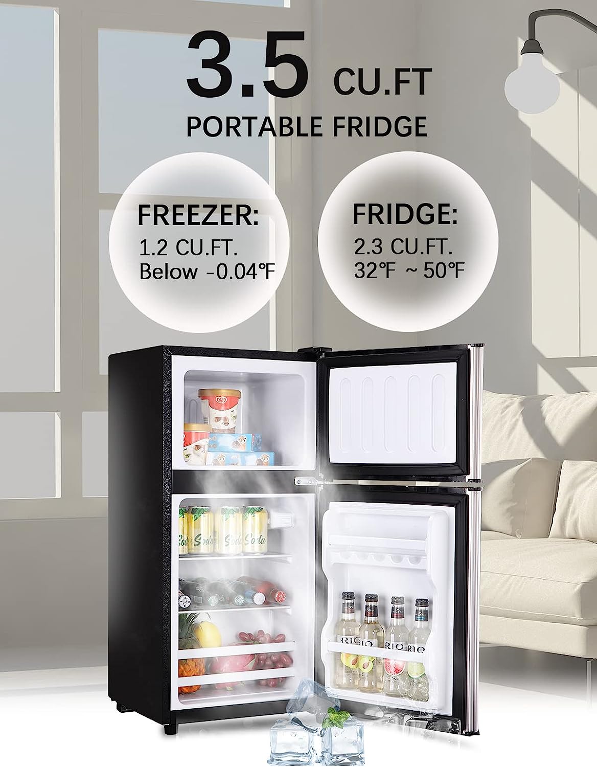 KRIB BLING Mini Fridge with Freezer on Top, 3.5 Cu.Ft Compact Refrigerator with 7 Levels Adjustable Thermostat, Small Fridge for Dorm, Office, RV Camping, Silver