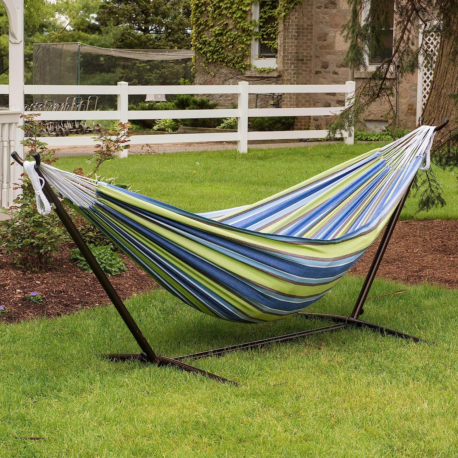 Double Cotton Hammock with Space Saving Steel Stand, Tropical (450 lb Capacity - Premium Carry Bag Included)